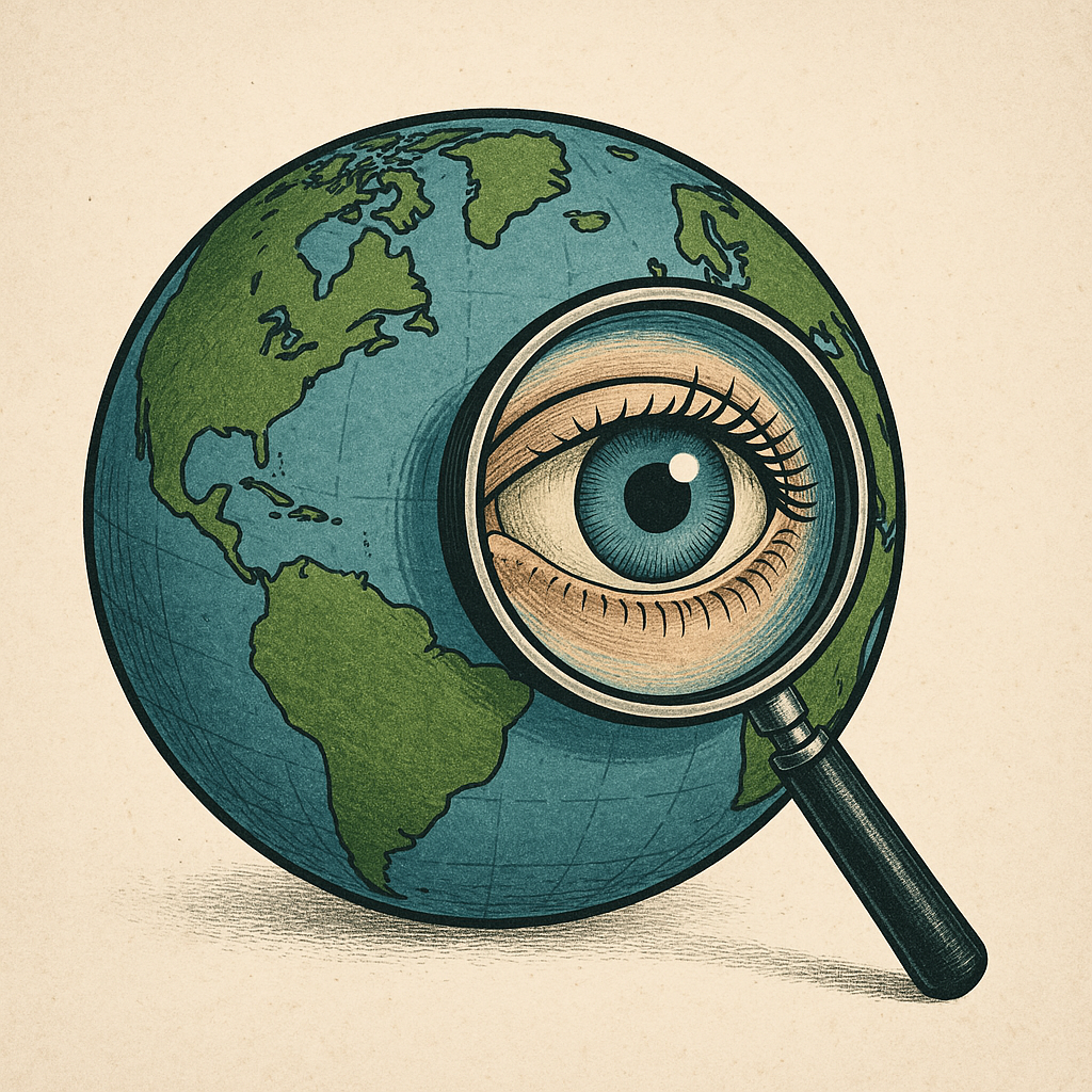 een wereldbol met een oog en een vergrootglas